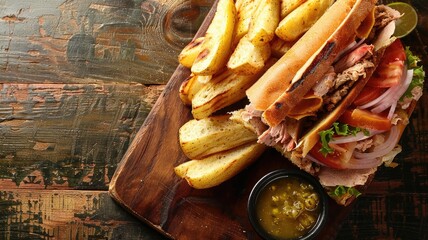Delicious sandwich with seasoned fries and dipping sauce on wooden tray