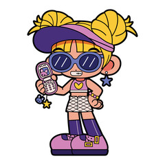 Vector Retro Cartoon Girl With Flip Phone Character Y2k Style Illustration Isolated