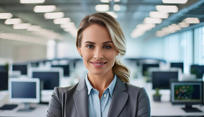 Fototapeta premium Confident businesswoman smiling in modern office workspace