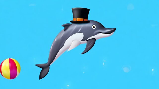 Happy Dolphin in Top Hat Spinning Ball Against Azure Background Generative AI