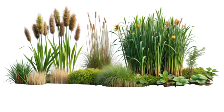 Floral Design Elements: Marsh Bush and Cattail Shrub on Transparent Background for Nature Themes
