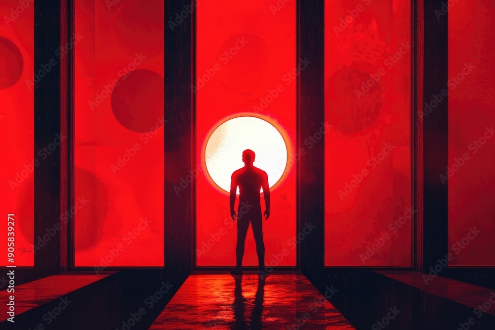 Poster a person waiting at an intersection with a red traffic light