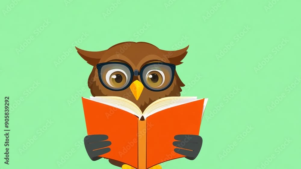 Poster smiling owl in glasses reading a book on chartreuse background generative ai