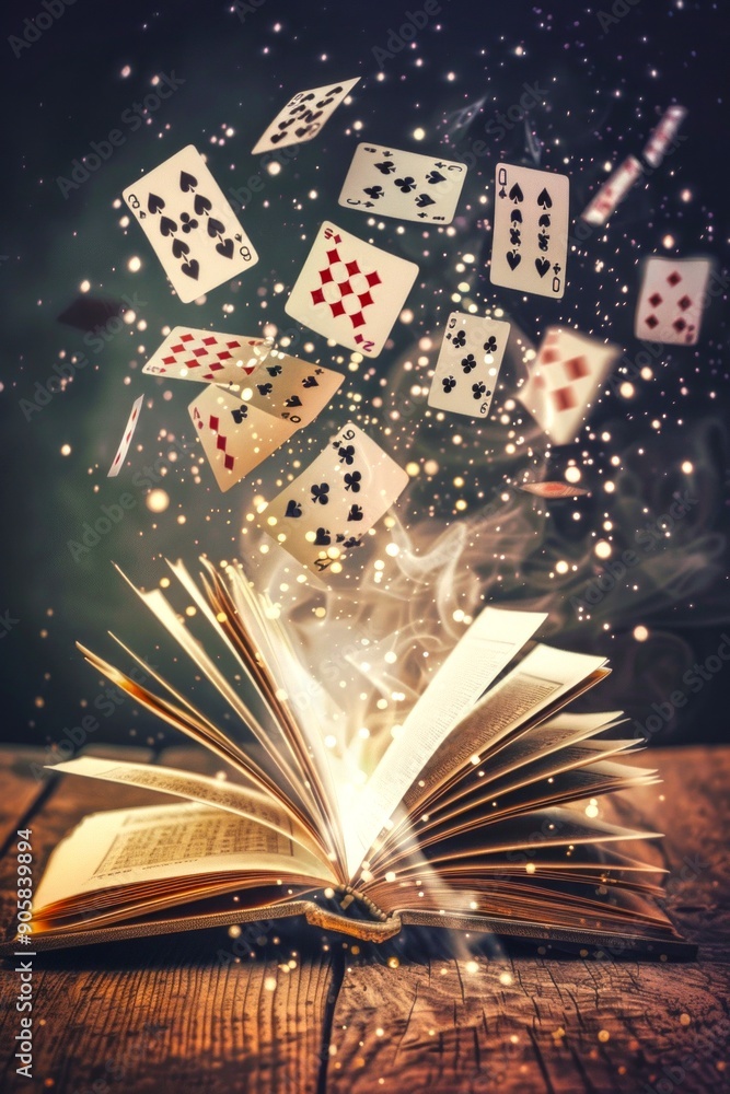 Poster magical open book with floating playing cards and enchanting sparks in warm light. creative fantasy 