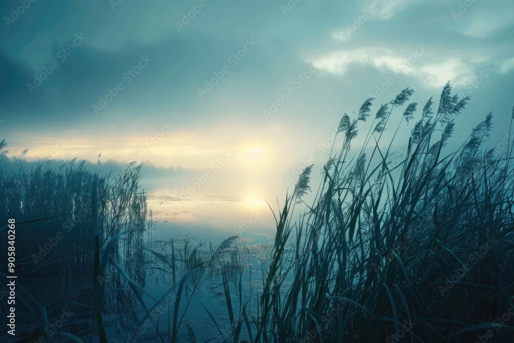 Aufkleber A serene scene of sunlight filtering through clouds reflected on calm water, perfect for use in travel, nature or relaxation themed projects