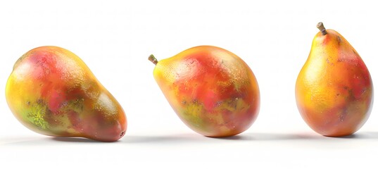 Bright Yellow Mangos in Various Positions on a White Background
