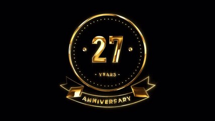 27th Anniversary Celebration. Happy 27 Years Anniversary Animation in Gold Color on the Transparent Background, Alpha Channel. Great for greetings, celebrations, events, and gifts.