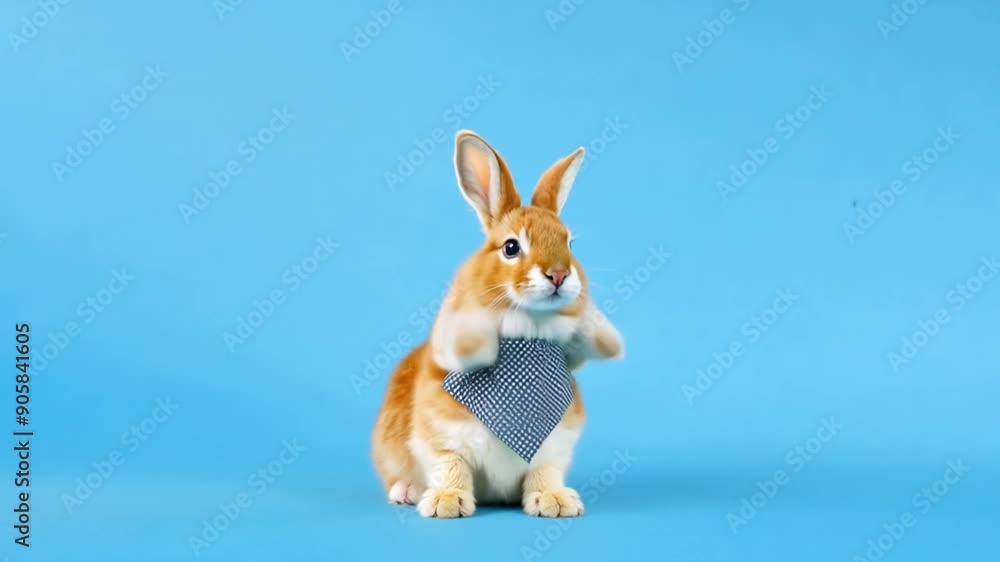 Poster cheerful rabbit in vest performs tricks against blue background generative ai