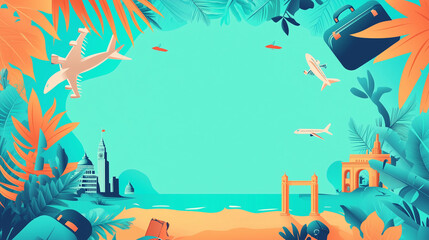 Tropical Beach with Airplanes and Iconic Structures Colorful Travel Illustration