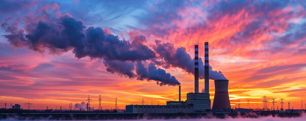 industrial landscape, the pipes of the thermal power plant at sunset