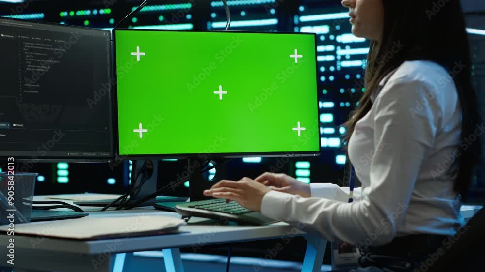 Poster system administrator overseeing data center using green screen computer, ensuring system can handle 