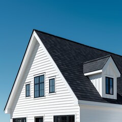 Elegant White House with Black Roof Under Azure Sky, Showcasing Diverse Rooftop Styles and Their Aesthetic Impact on Home Design