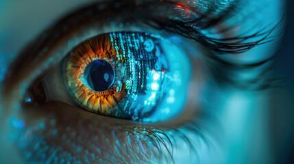 Detailed close-up of a human eye with embedded digital elements, representing futuristic technology and cyber vision.