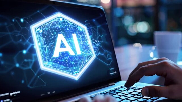 man working remotely on a laptop computer, the screen showing text "Ai", generative ai