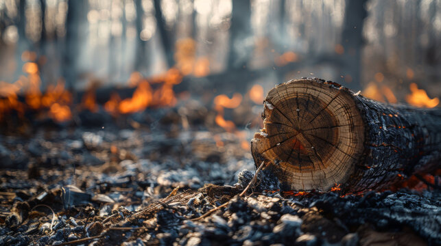 A burnt log lies in a charred forest with glowing embers and smoldering ash, capturing the aftermath of a forest fire.
