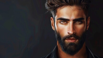 Obraz premium A painting of a man with dark brown hair, a full beard, and intense brown eyes.