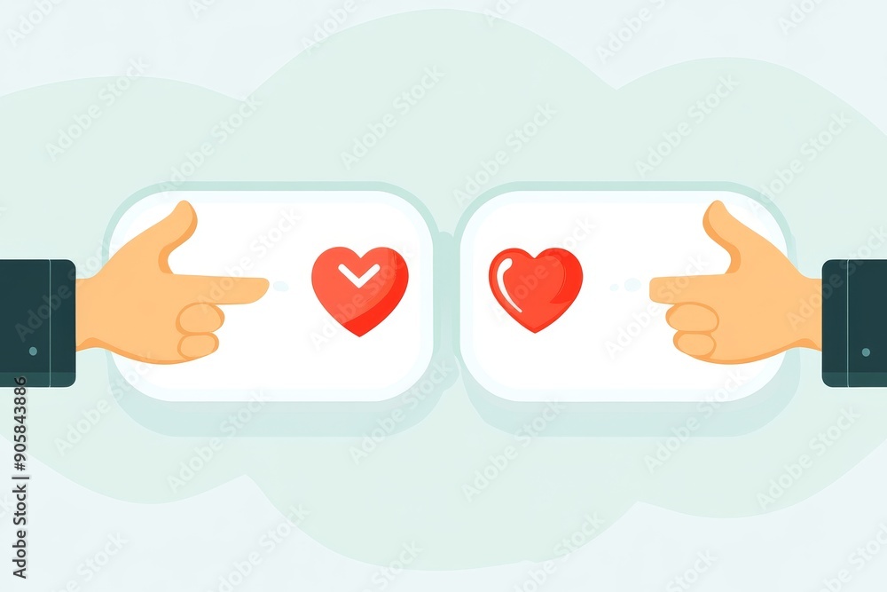 Poster hands exchanging heart icons in a digital interface symbolizing online connections social media inte