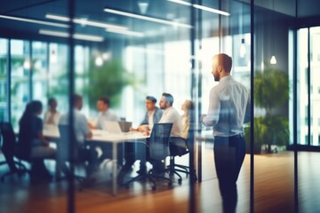 Abstract blurred group of business people managers in the meeting room of the modern office. Teamwork concept. Generative ai