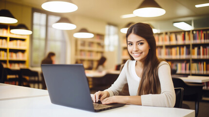 Fototapeta premium high school student working on laptop in library to improve her skills preparing for the exam. Generative ai