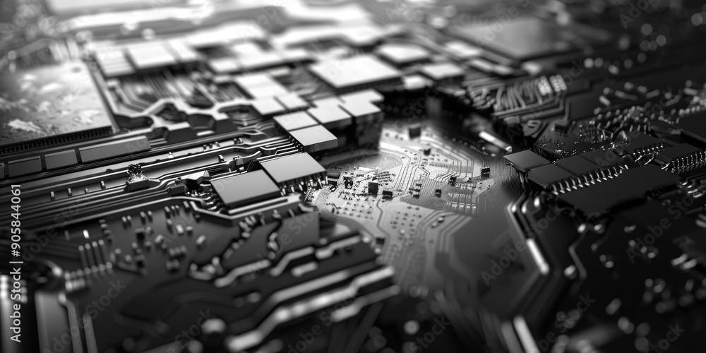 Poster A close-up view of a computer motherboard with various components and circuit boards visible