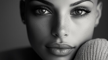 Fototapeta premium Close-up of the face of a beautiful bald woman with big eyes. Beautiful bald latin woman in black and white photography.