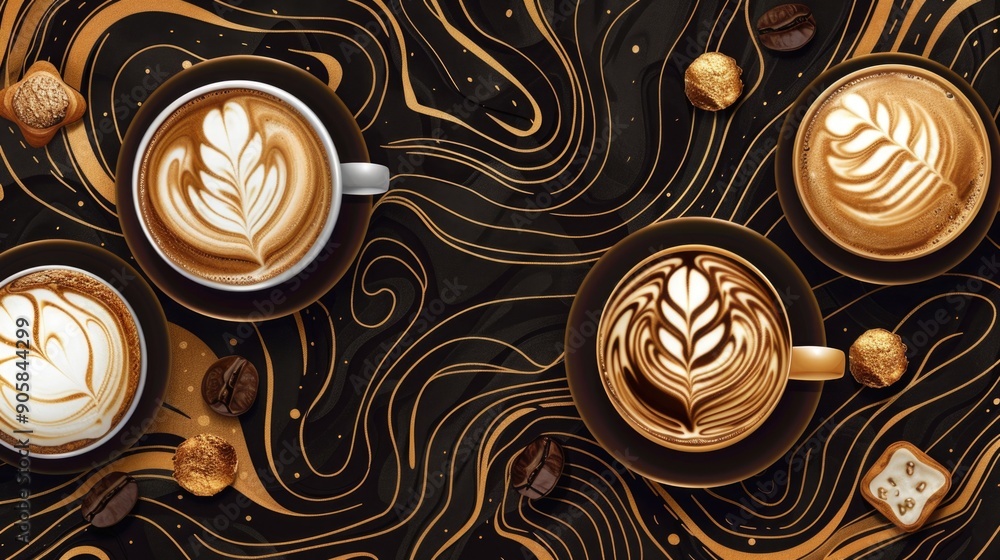 Poster a table with three cups of coffee, ready for a break