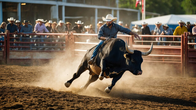 Rodeo Cowboy Riding Bull
