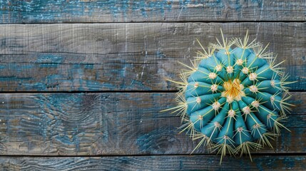 Top view of spiky cactus on wood backdrop Blue green cactus with long yellow needles Flat lay close up shot with space for text