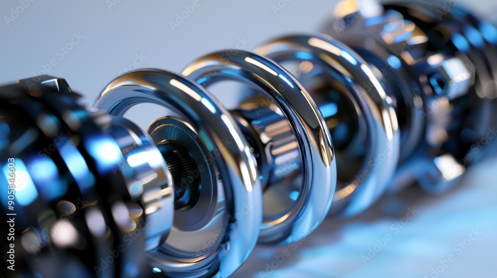 Poster an angled view of a shock absorber highlighting its coil spring design and sy construction.