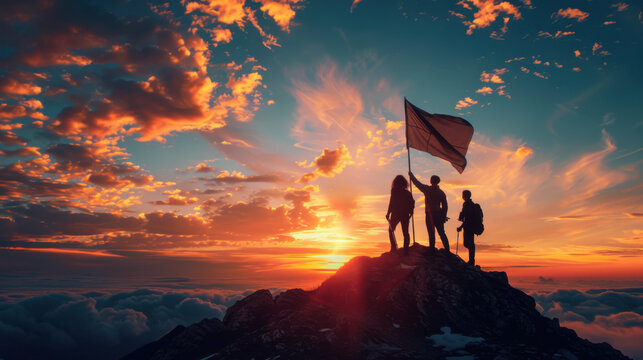 Silhouetted hikers with a flag on a mountain peak during a dramatic sunset, symbolizing achievement and adventure.