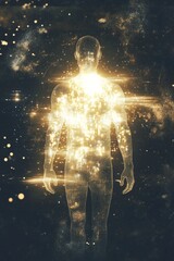 量子テレポーテーション：量子粒子に溶ける人間のシルエットとコピースペース