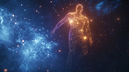 Fototapeta premium 量子テレポーテーション：量子粒子に溶ける人間のシルエットとコピースペース