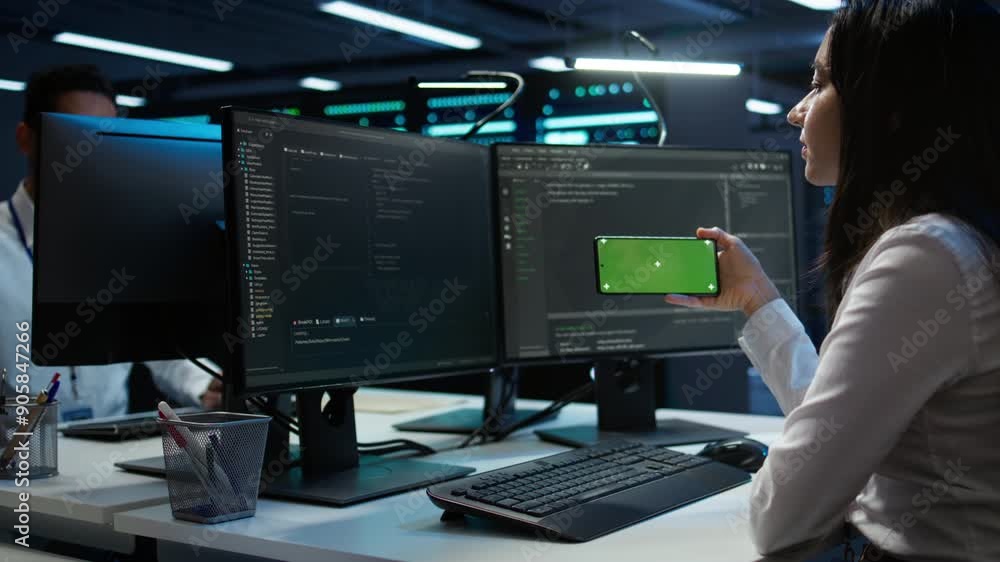 Poster zoom in on green screen mobile phone used by data center employee troubleshooting issues. engineer u