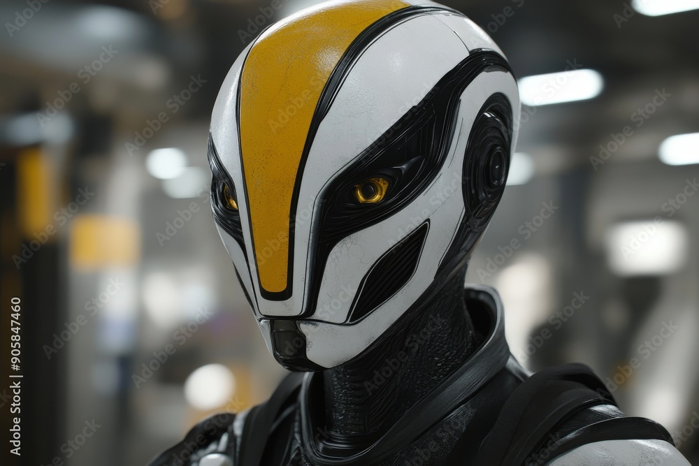 Poster advanced robotic helmet with a sleek design and yellow accents representing cutting-edge technology 
