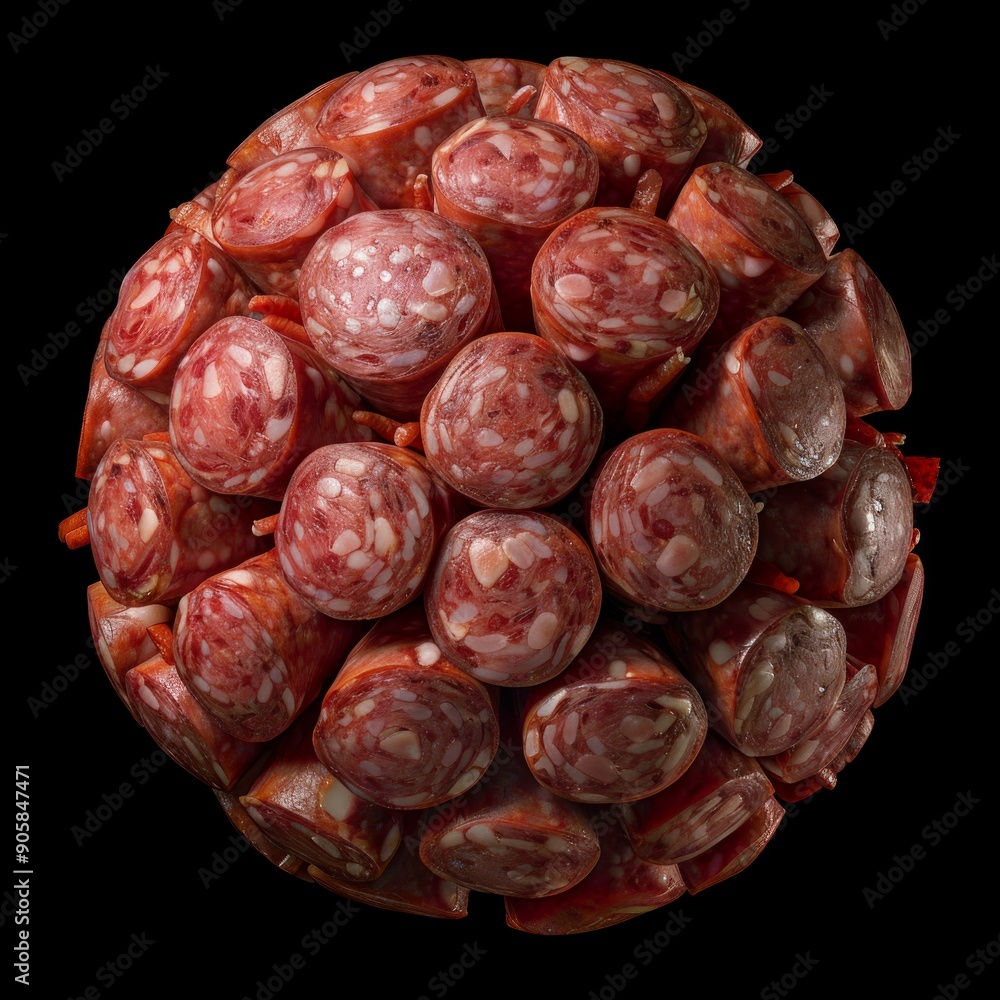Poster a highly detailed 3d sphere made from overlapping slices of salami, showcasing intricate textures an