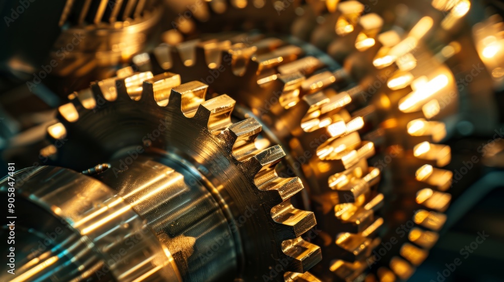 Poster the shine and gleam of freshly oiled gears catch the light in this closeup giving a glimpse into the