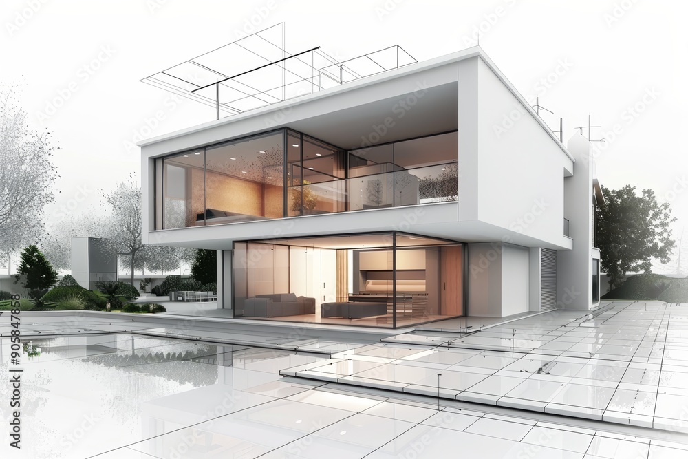 Aufkleber modern private house 3d rendering on architectural blueprint for design visualization