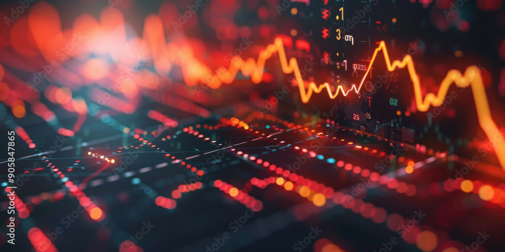 Poster abstract representation of stock market data with red lines and charts indicating market trends and 