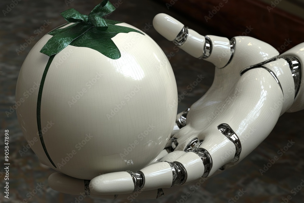 Poster Robotic hand gently holding a white spherical object symbolizing the delicate balance between technology and nature in a clean modern setting.