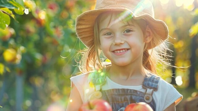 children gardener holding box of fresh apples with green garden background. generative ai	
