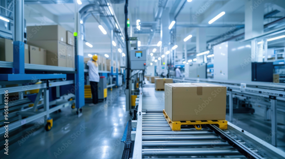 Poster boxes moving on an automated conveyor system in a modern warehouse, showcasing efficiency and logist