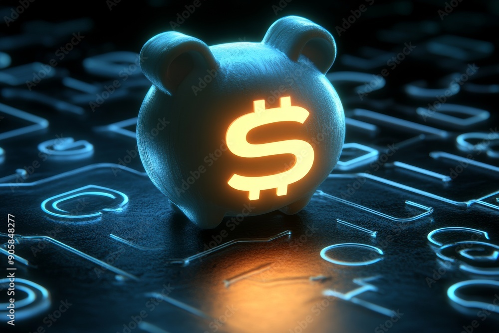 Poster piggy bank with a glowing dollar symbol set on a digital surface symbolizing the intersection of fin