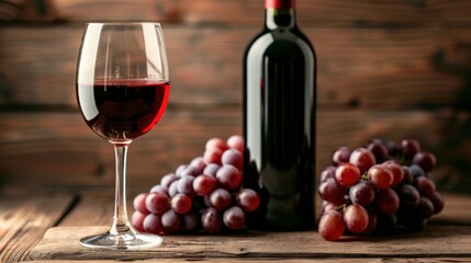 Obraz premium Red Wine and Grapes on Wooden Table.