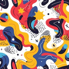 Fototapeta premium Seamless abstract pattern features vibrant yellow, blue, and red organic shapes, waves, and dots on a white background.