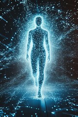 量子テレポーテーション：量子粒子に溶ける人間のシルエットとコピースペース