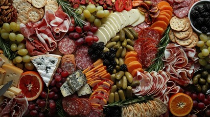 Gourmet Charcuterie Board with Crackers, Grapes, Cheese, and Salami.