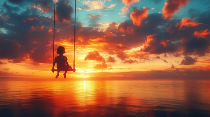 A child on a swing overlooking a breathtaking sunset with a colorful sky and calm ocean.

