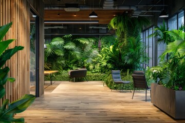 Sustainable office oasis with lush green plants