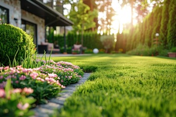 Perfect manicured lawn and flowerbed with shrubs