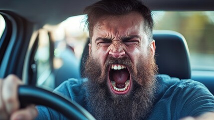 closeup shot road raging bearded driver shouting from car window